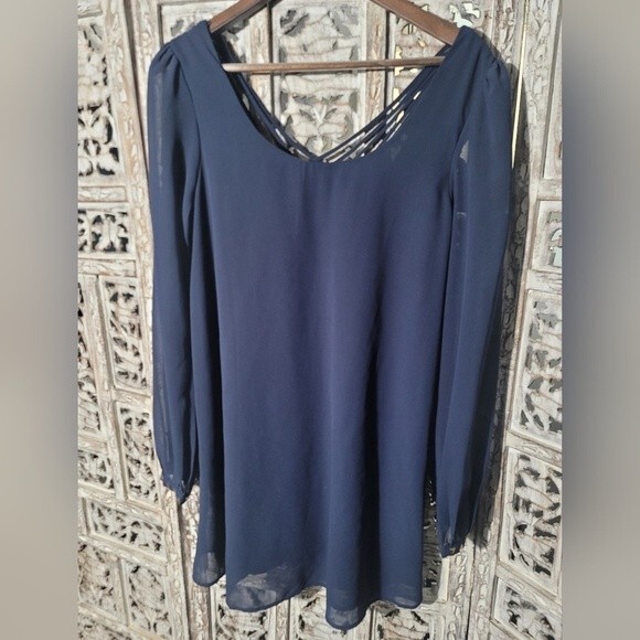 Chiffon Blue Longsleeve Lined Mini Dress with Strappy back Womens - Picture 2 of 13